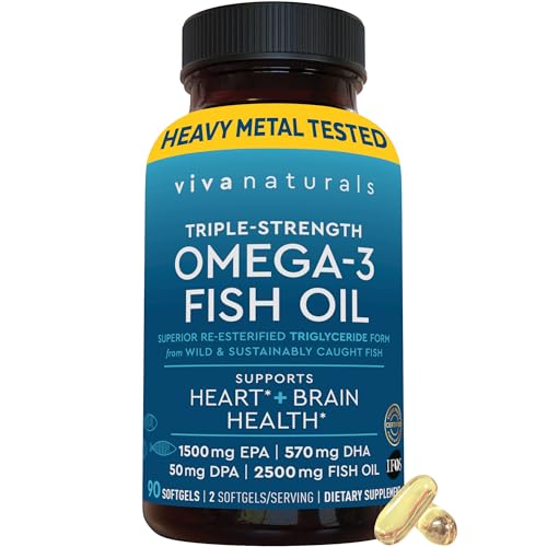 Image of Viva Naturals Triple Strength Omega 3 Fish Oil Pills - 2500 mg High-Potency Formula with 2250 mg Omega 3 Fatty Acids (Including EPA, DHA, DPA) in rTG Form for Absorption - IFOS Certified, 90 Softgels