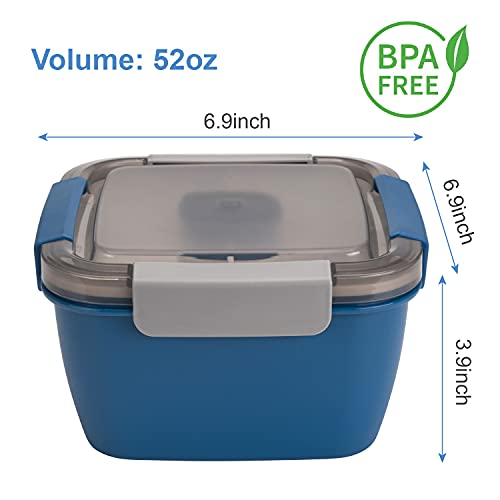 Image of Freshmage Salad Lunch Containers To Go, 52 oz Bowls with 3 Compartments, Dressings Container for Toppings, Men, Women (Blue+Blue)