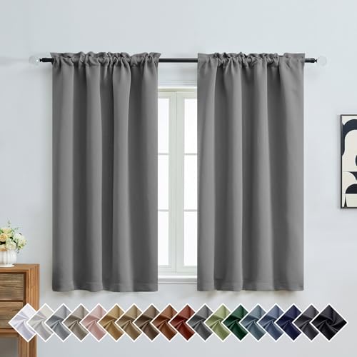 Image of Grey Short Blackout Curtains for Bedroom 54 Inches Long 2 Panels, Modern Window Treatment Solid Thermal Insulated Curtains for Living Room, Dual Rod Pocket Blackout Drapes, 2x40Wx54L Inches