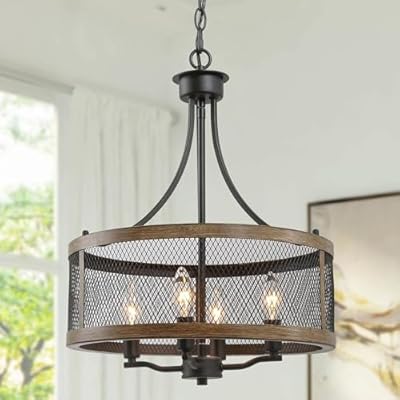 KSANA Farmhouse Chandelier, 4-Light Rustic Drum Pendant Lights, 16’’ Faux Wood Chandeliers Hanging Light Fixture for Dining Room, Bedroom, Living Room, Foyer, Entryway