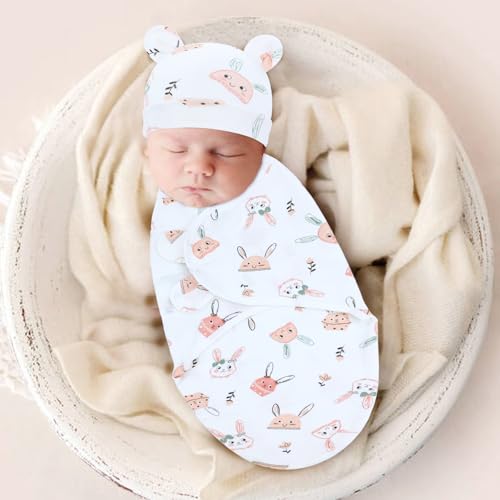 Image of Cinaci 2 Pieces Adjustable Soft Cotton Baby Swaddle Sleep Sacks Hats Newborn Nursery Caps Beanies Bonnets Swaddle Blanket Wraps for Baby Girls Boys Infants Newborns (2PCS S2)