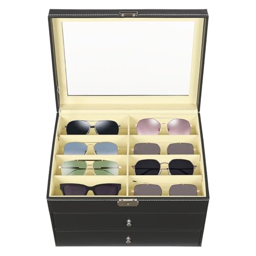 RjcdOPL Scatola per occhiali a 3 livelli con 24 scomparti, coperchio trasparente, chiusura a chiave, L 34 x P25 x A 19 cm, nero