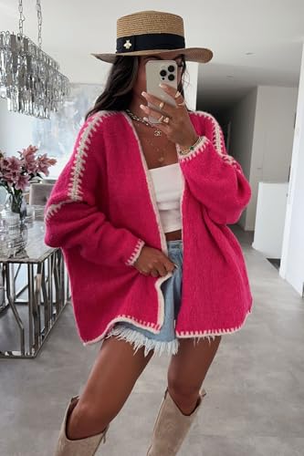 Image of chouyatou Women Fall Open Front Color Block Cardigan Sweater Casual Striped Chunky Knit Oversized Cardigan