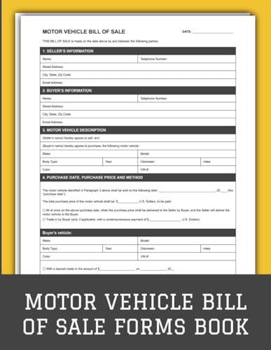 Motor Vehicle Bill of Sale Forms Book: Bill of Sale Form for
