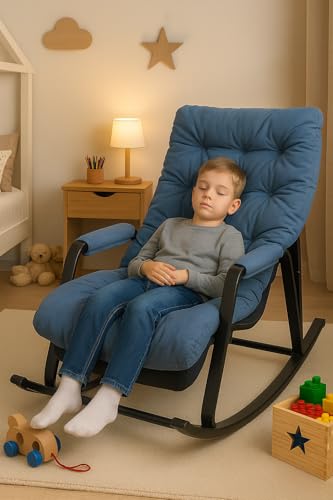 Schaukelstuhl Schaukelstuhl für Kinder 3 Jahre + mit Armlehnen und Seitentasche, Stahlgestell, Fußstütze verstellbar in 5 Höhen, Tragkraft 250 kg, Wohnzimmer, Schlafzimmer, Blau