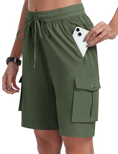 Image of MoFiz Women's Walking Shorts Bermuda Cargo Shorts Elastic Waist Long Shorts Casual Sports Hiking Running Outdoor Short Pants with 6 Pockets Army Green Size XL