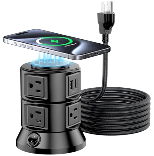 Power Strip Tower with Wireless Charger, Dual-Layer Rotatable Design Surge Protector Tower with Multiple Outlets, 6 AC Outlets and 4 USB Ports (2 USB-C) Charging Station for Home Office Dorm.