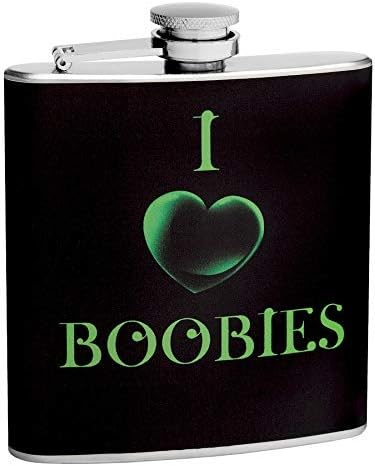 Hip Flask Gift Set with Refill Funnel and 2 Stainless Steel Shot Glasses - I Heart Boobies Design - Black Wrapped Vinyl Finish - 6 oz Flask - Gift Box Included