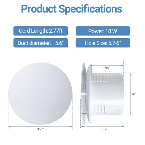 WiseWater Bathroom Round Exhaust Fan, 140CFM 35dB 6" Duct 8.3" Panel ABS Vent Fan Wall-mounted Extractor Fan with Accessories for Bathroom, Laundry Room, Bedroom, Office by WiseWater - Used condition - Image 3