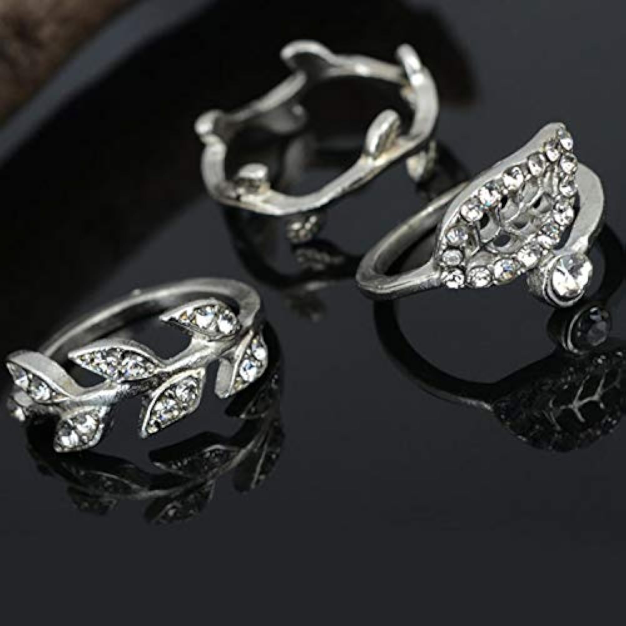 Bohemian Oxidised Silver Leaf Shaped Stack Rings for Women