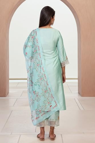 Ensemble jacquard vert clair et broderies Zari idéal pour célébrations et fêtes - 5