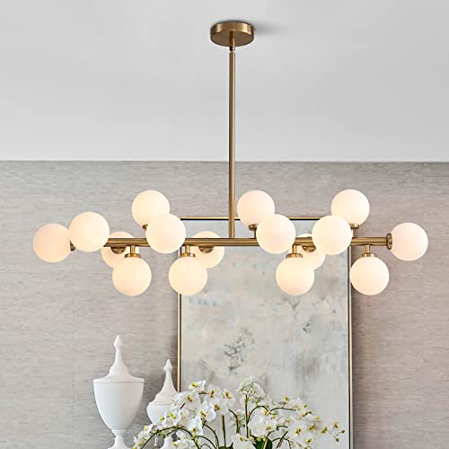APBEAMLighting Gold Dining Room Chandelier Over Table Mid Century Modern Chandelier White Glass Globe Lampshade Linear Pendant Lighting Fixture for Living Room Dining Table 16 Lights by APBEAMLighting - Used condition - US$128.42