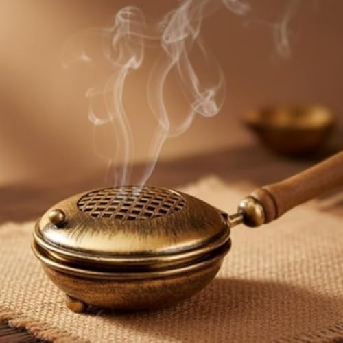 Image of ServDharm Dhoop Dani with Handle | Incense and Loban Burner Dhuni Stand for Home, Office and Temple Pooja | Metal Dhoop Dani Antique Gold, Round, 4.4 Inch |11.4 cm