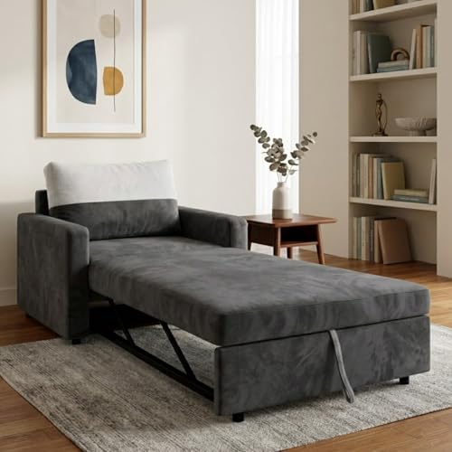 Image of SOCOZI Enrique 1 Seater Sofa Cum Bed | Soft Velvet Suede Fabric | Modern Convertible Design | Plush Comfort Seating for Living Room (Dark Gray)