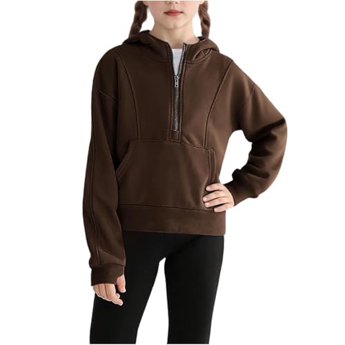 Chaqueta polar con capucha para niñas sudadera abrigada con cremallera bolsillos frontales ropa cálida invierno (Brown, 7-8 Years)