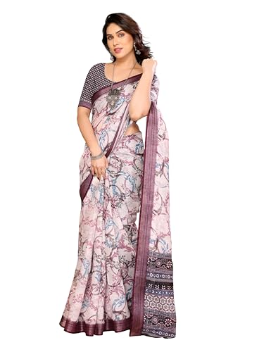 Image of Sidhidata Women's Cotton Linen Blend Lining Digital Printed Saree With Unstitched Blouse Piece (Linen Lining Saree)