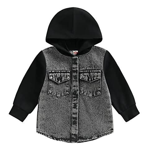 Image of MAINESAKA Toddler Baby Boys Girls Hoodie Denim Jackets Button Down Trucker Jeans Top with Pockets Fall Long Sleeve Coat