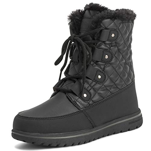 Polar Boot Femmes Matelassé Court Neige Hiver Fausse Fourrure Chaud Durable Imperméable Bottes BLK41 AYC0523 - Noir Cuir Quilted - Taille 41 EU/8 UK