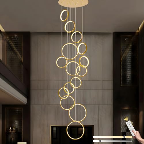 LAMPLAY Lámpara De Araña LED Para Escalera Larga, Lámpara De Techo Alto Con 15 Anillos Dorado, Luz Colgante Ajustable En Altura Para Entrada De Bricolaje, Regulable Con Control Remoto 3000K-6000K
