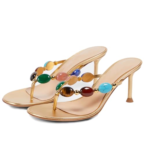 Jewelled Thong Heeled Sandals for Women Slip On Round Open Toe Flip Flop Pumps Mules Summer Strappy High Heels Dress Wedding Shoes