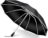 【逆折り式10本骨】折りたたみ傘 ワンタッチ自動開閉 メンズ レディース兼用 耐風・豪雨対応(台風対策可)広幅105cm大きい 反射テープ付き 遮光99%・UVカット99% 男子日傘 テフロン加工 折り畳み傘 収納ポーチ付き 晴雨兼用 梅雨対策 丈夫耐久 ブラック