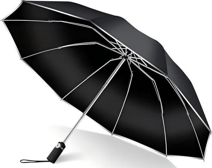 【逆折り式10本骨】折りたたみ傘 ワンタッチ自動開閉 メンズ レディース兼用 耐風・豪雨対応（台風対策可）広幅105cm大きい 反射テープ付き 遮光99%・UVカット99% 男子日傘 テフロン加工 折り畳み傘 収納ポーチ付き 晴雨兼用 梅雨対策 丈夫耐久 ブラック (Black)