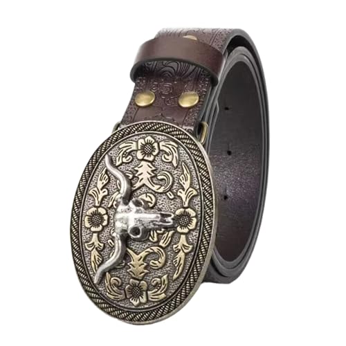 Image of Western Cowboy-Belts for Women Big-Buckle Longhorn-Bull PU-Leather Rodeo Cowgirl-Belt Engraved Floral - Waist 25-38 inch