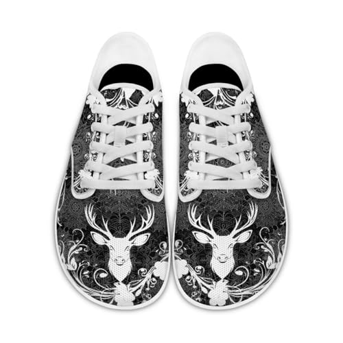 Pointodoor Deer Barefoot Shoes for Men Women Wide Toe Box Walking Sneakers Boho Mandala Business Slip On Work Flats Minimalist Cross-Trainer Shoes Daily Shoes(White Sole)