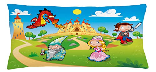Lunarable Fantasy Throw Pillow Cushion Cover, Medieval Age Princes Prince Dragon Magician Funny Cartoon Royal Castle Landscape, Decorative Rectangle Accent Pillow Case, 36
