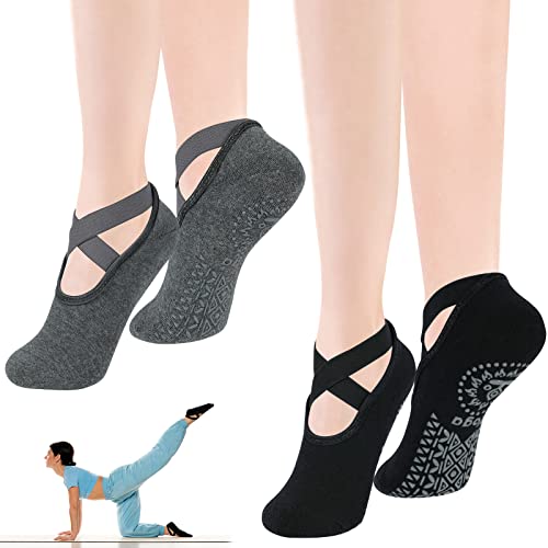 flintronic Calcetines Pilates Yoga, Pilates Calcetines Antideslizantes Mujer pour Yoga, Fitness Antideslizantes Calcetines, con Asas y Correas, para Pilates, Danza, Fitness-Negro + Gris