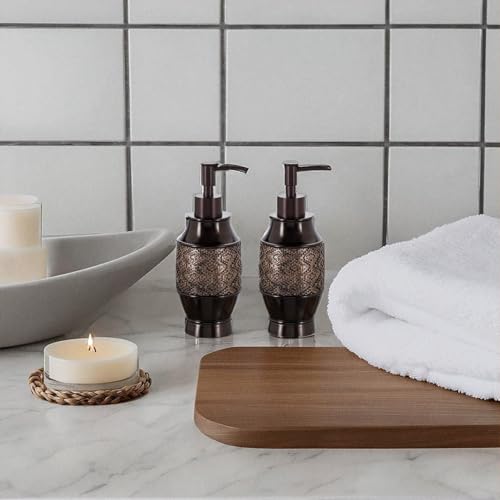 Image of Creative Scents Dublin Brown Bathroom Soap Dispenser Set of 2 - Decorative Resin 8 Oz. Hand Soap and Lotion Dispenser Bottles with Durable Matching Pumps - Bathroom Countertop Accessories Decor