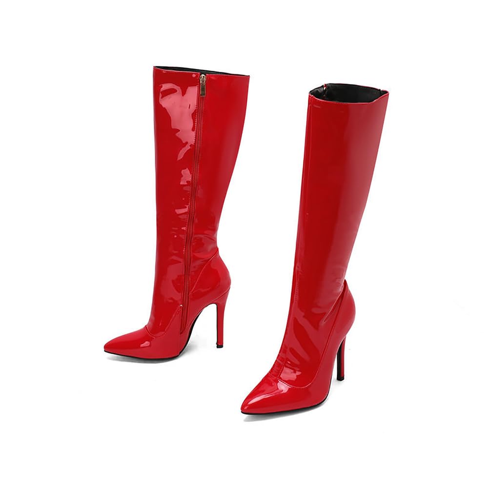 Womens Faux Leather Pointed Toe Stiletto High Heels with Side Zipper Sophisticated Tall Boots for Fall Winter Office