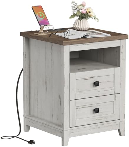 Lifewit Farmhouse Nightstand with Power Outlets and USB Ports, Be...