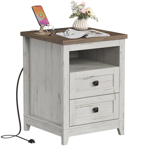 Lifewit Farmhouse Nightstand with Power Outlets and USB Ports, Be...