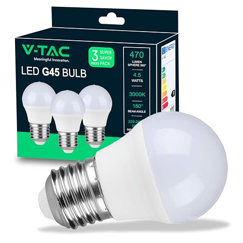 V-TAC 3x Lampadina LED con Attacco E27 4,5W (Equivalenti a 40W) - G45-470 Lumen - Lampadina LED Massima Efficienza e Risparmio Energetico - Luce 3000K Bianca Calda (Box 3 Pezzi)