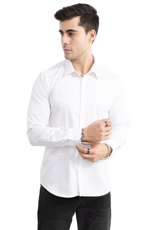 Image of SNITCH Cotton Blend Men's Slim Fit Linen Shirt (White, S)