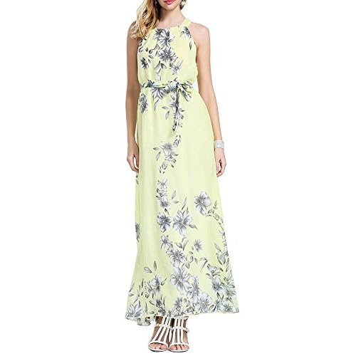 Damen Ärmellose Chiffon Blumen Maxi Langes Partykleid Strandkleid Elegant Cocktailkleid Gelb 6XL