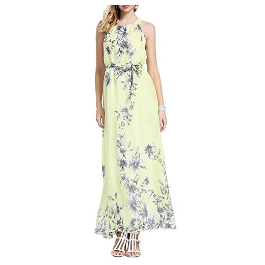 Damen Ärmellose Chiffon Blumen Maxi Langes Partykleid Strandkleid Elegant Cocktailkleid Gelb 6XL
