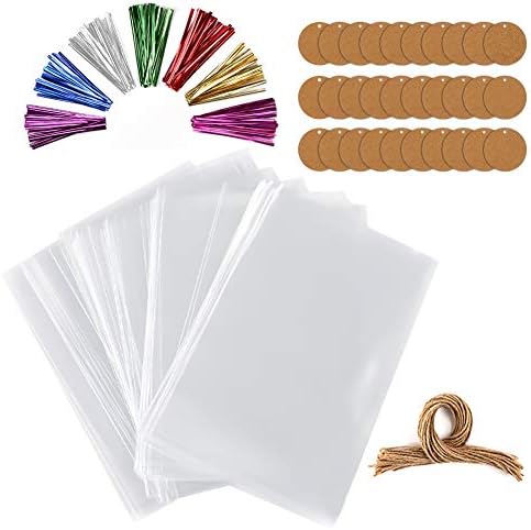 Tomnk Cello Bags, 300pcs Treat Bags with 300 4 Inches Twist Ties, 4.3 x 6.2 Inches Cellophane Bags with Ties for Bakery, Cookies, Candies, Dessert