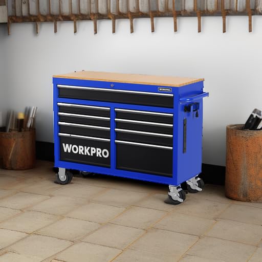 Image of WORKPRO 46-Inch 9-Drawers Rolling Tool Chest, Mobile Tool Storage Cabinet with Wooden Top, Equipped with Casters, Handle, Drawer Liner, and Locking System, 1200 lbs Load Capacity