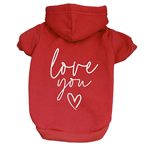Love You Valentine's Day Dog Hoodie Fleece Lined Pullover Sweatshirt with Leash Hole (Red, Small 981)