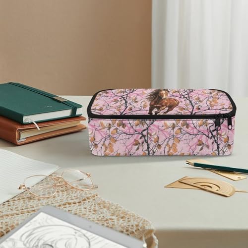 Image of Kids Pencil Case for Boys 6-8 Horse Forest Camo Pencil Pouch Large Capacity Lightweight Portable Pen Bag with Handle Strap for Back to School, Pink