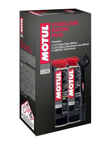 Motul Wartungsset für Motorradketten – Kettenreiniger MC Care Chain Clean C1, 400 ml + Ketten-Sprühfett für Straßen- und Renn-Motorräder MC Care Chain Lube Factory Line C4, 400 ml + Weiche Bürste