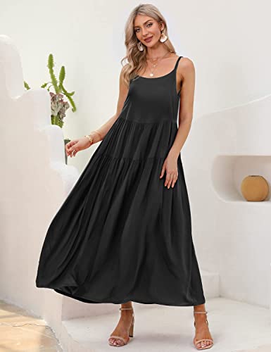 Yesno Summer Dresses For Women Casual Loose Bohemian Floral Dress With Pockets Spaghetti Strap Maxi Dress For Beach Vacation L E75 Black #TOP2
