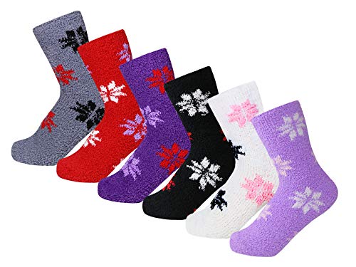 Women's Christmas Snowflakes Fuzzy Plush Soft Slipper Socks, Fluffy Warm Winter Xmas Cozy Socks  Womens Size 9-11, 6 Pairs