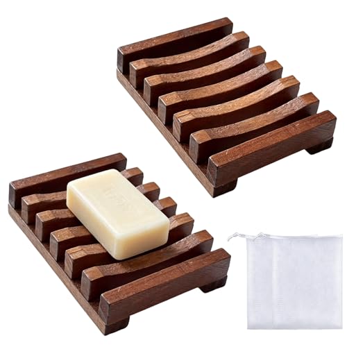 2 Pièces Porte Savon en Bois Naturel avec 2 Filets Moussants - Support Savon Artisanal pour Salle de Bain et Cuisine - Porte-Savon avec Drainage Efficace pour...
