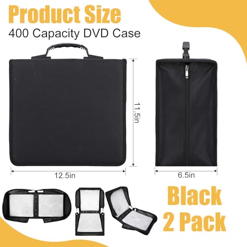 Sunnychicc 2 Pcs 400 Capacity CD/DVD Case DVD Case Holder Organizer CD storage CD Wallets Protective with Zipper 600D Oxford Cloth Disc DVD Case Wallet for Booklet Album Car Home Office(Black)
