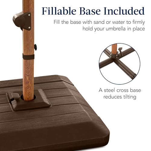 Best Choice Products 10ft Square Cantilever Patio Umbrella w/Base Included, Woodgrain Pattern Pole & Solar LED Lights, 360-Rotation, Offset Hanging Outdoor Shade - Burgundy