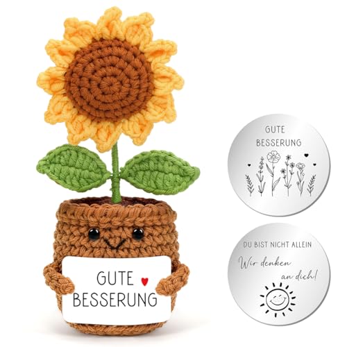 Aurasky Gehäkelte Sonnenblume Gute Besserung Blume Pocket Hug Sonnenblume mit Umarmung Glücksbringer Gestrickte Blumenpuppe Mutmacher Geschenk für Freund Familie Kollegen