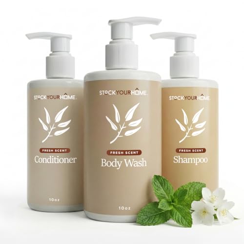 Shower Essentials Set for Men and Women 3 Piece Shampoo Conditioner and Body Wash Set 10 oz Bottles Guest Bathroom Toiletries for Hotels and Rentals